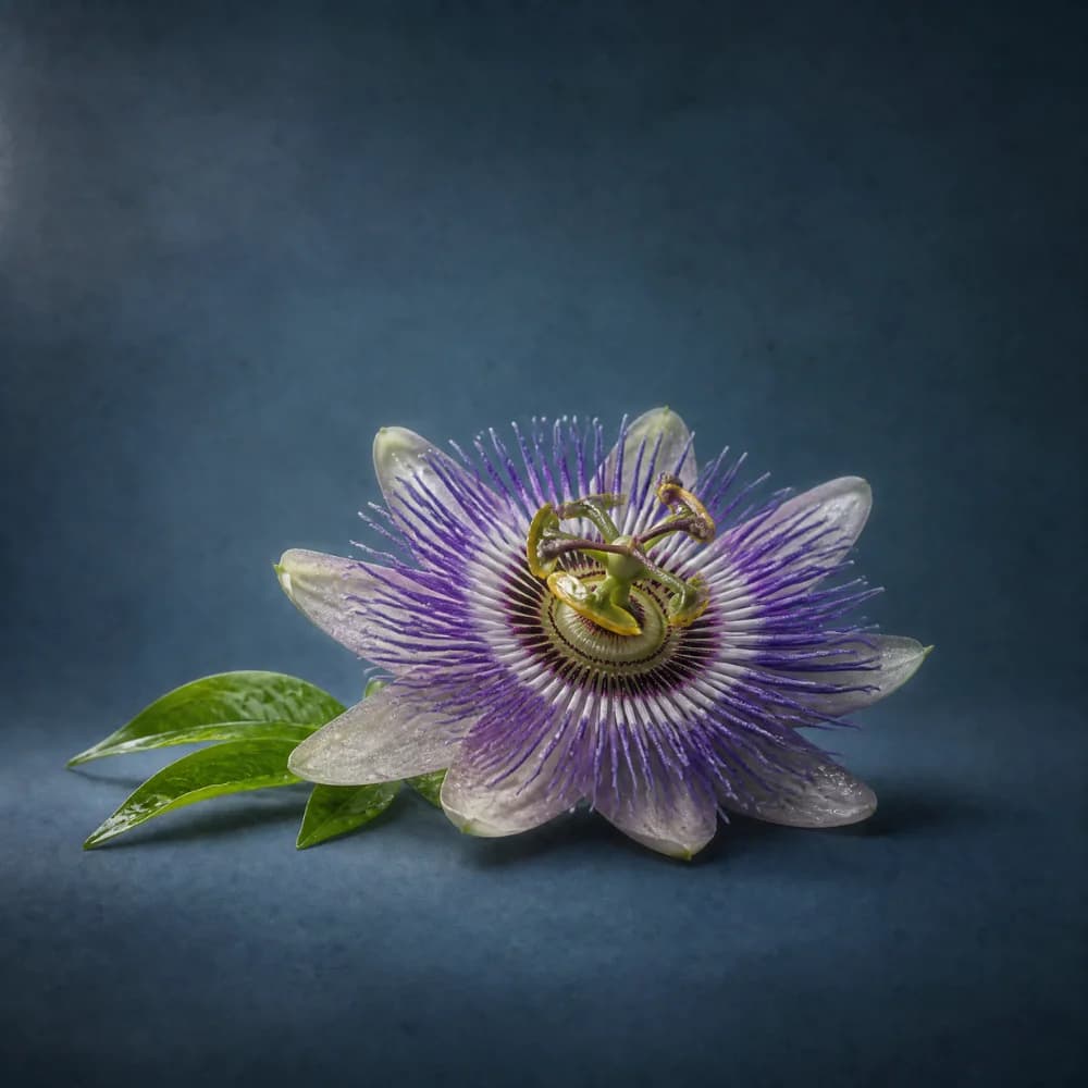 A fresh passionflower bloom and green tea leaves on a navy studio surface, the fast-acting L-Theanine and passionflower actives