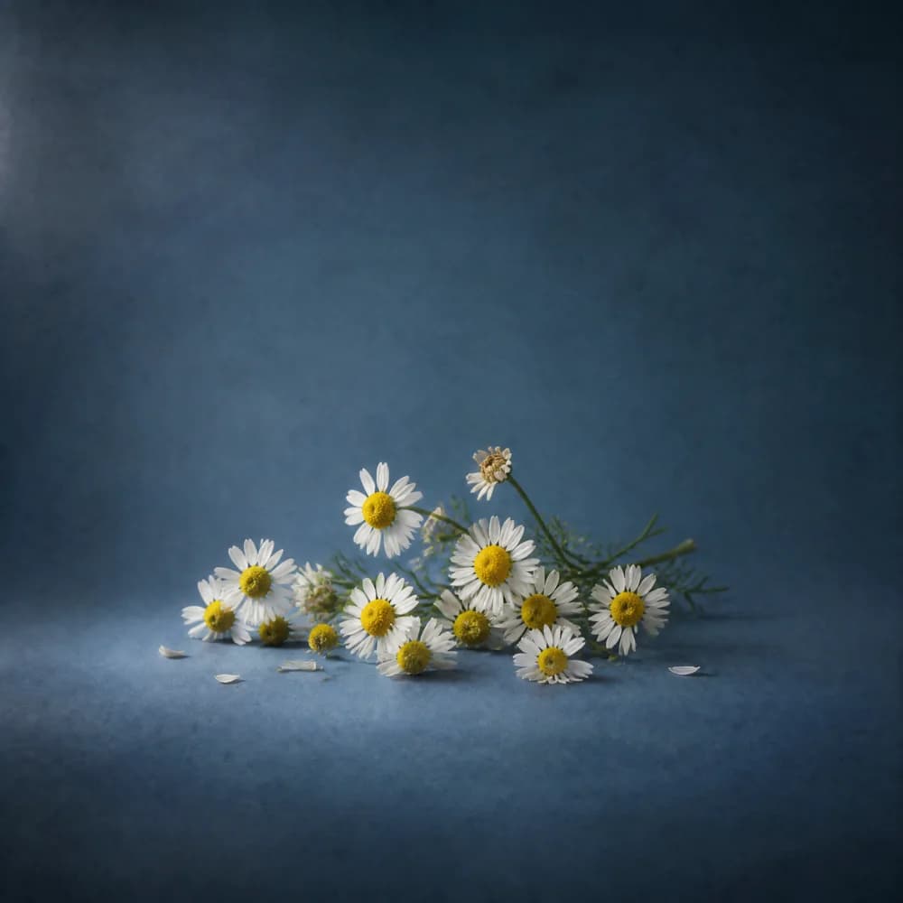 A loose cluster of fresh and lightly drying chamomile flowers on a navy studio surface, the steadying-layer actives