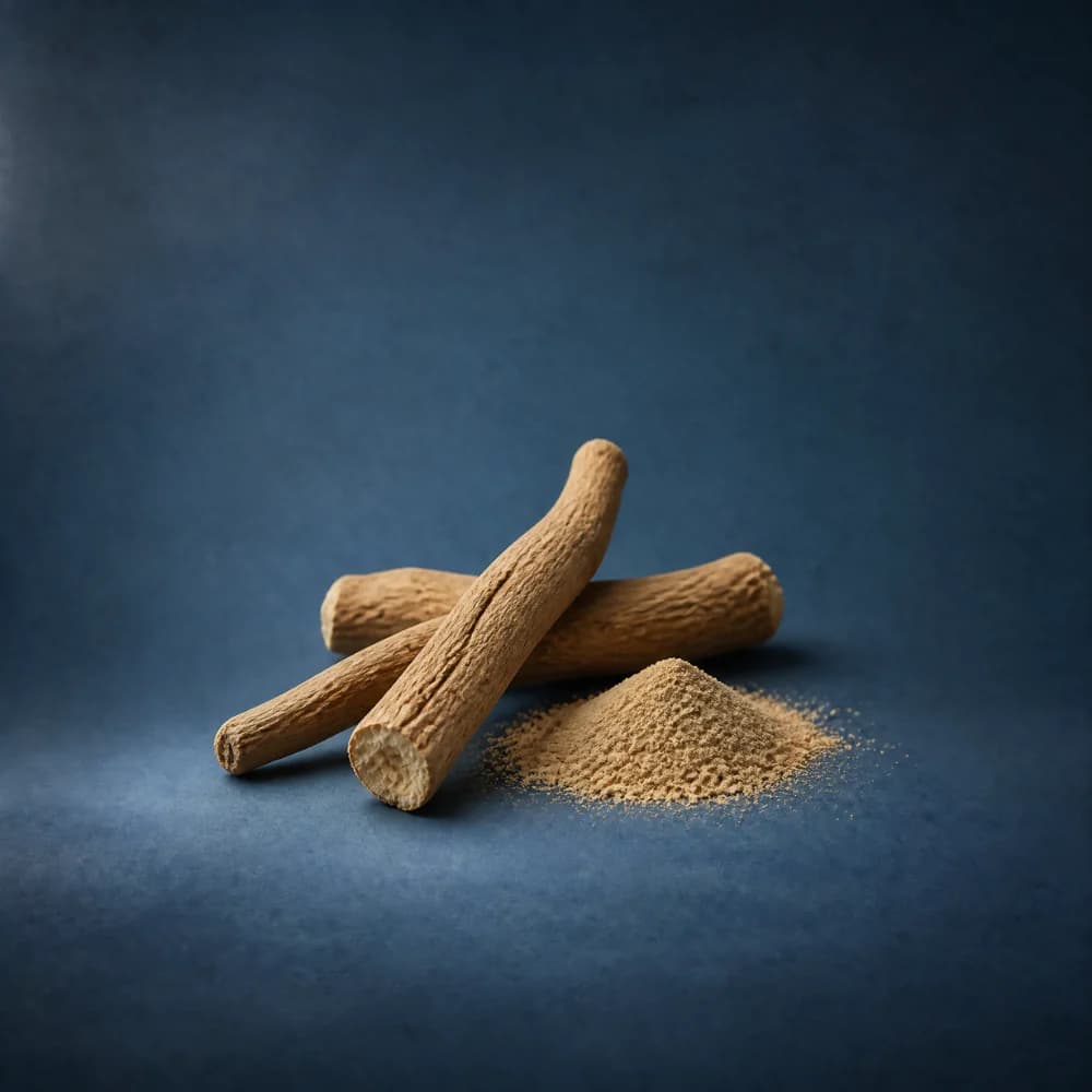 Dried woody ashwagandha roots and a small pile of ashwagandha powder on a navy studio surface, the slow cortisol-lowering reset actives