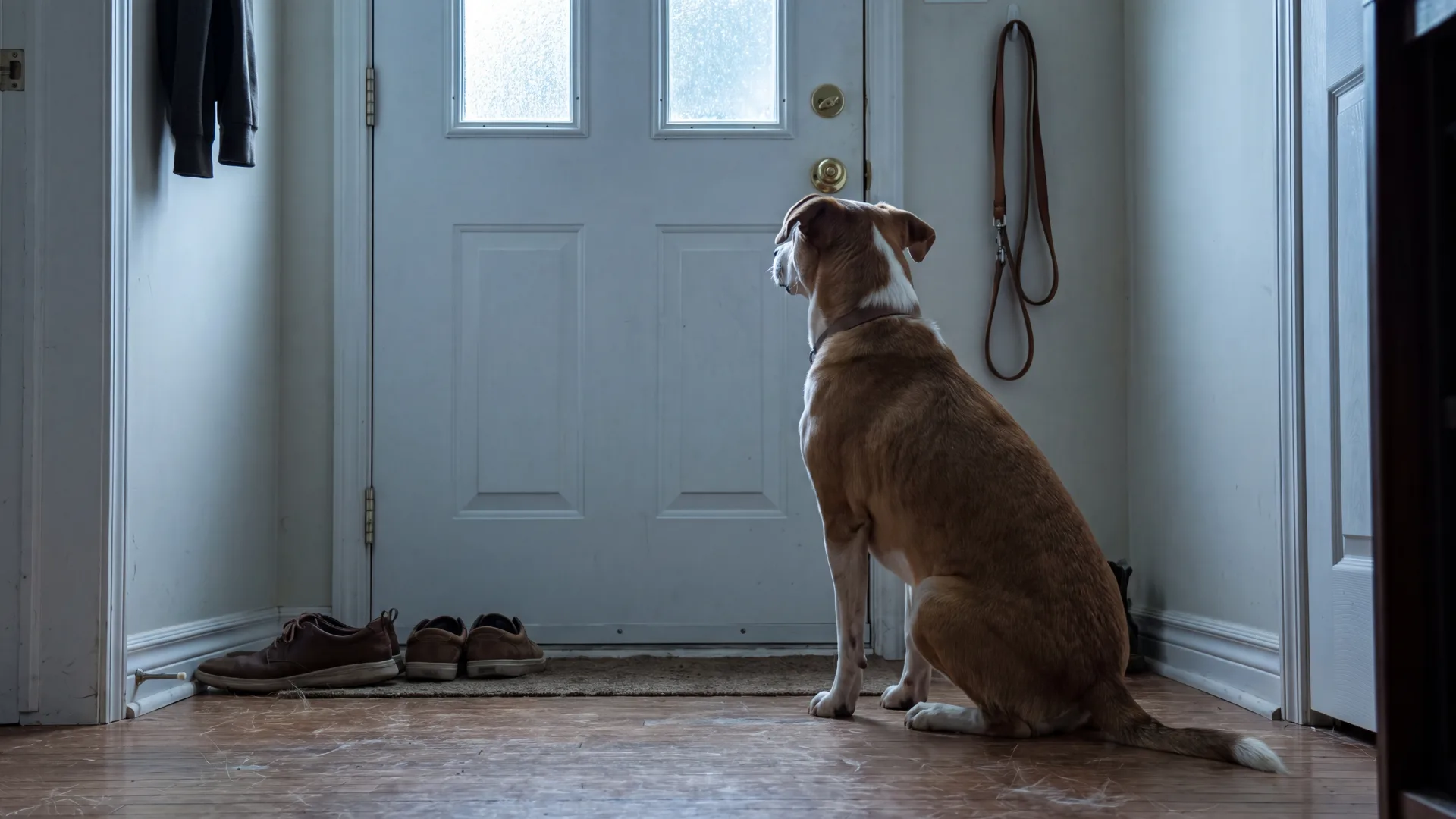 A tan-and-white dog sitting alone facing a closed front door, waiting, with the owner's shoes on the mat and a leash hanging by the door