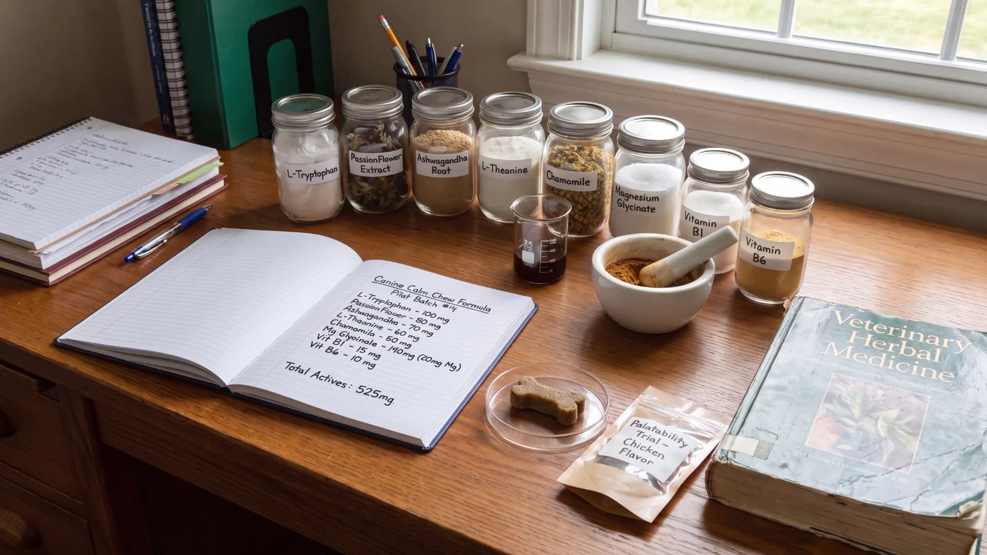 A formulation desk: labelled jars of each active ingredient beside an open notebook showing the calming-chew formula totalling 525 mg of actives, with a veterinary herbal medicine book