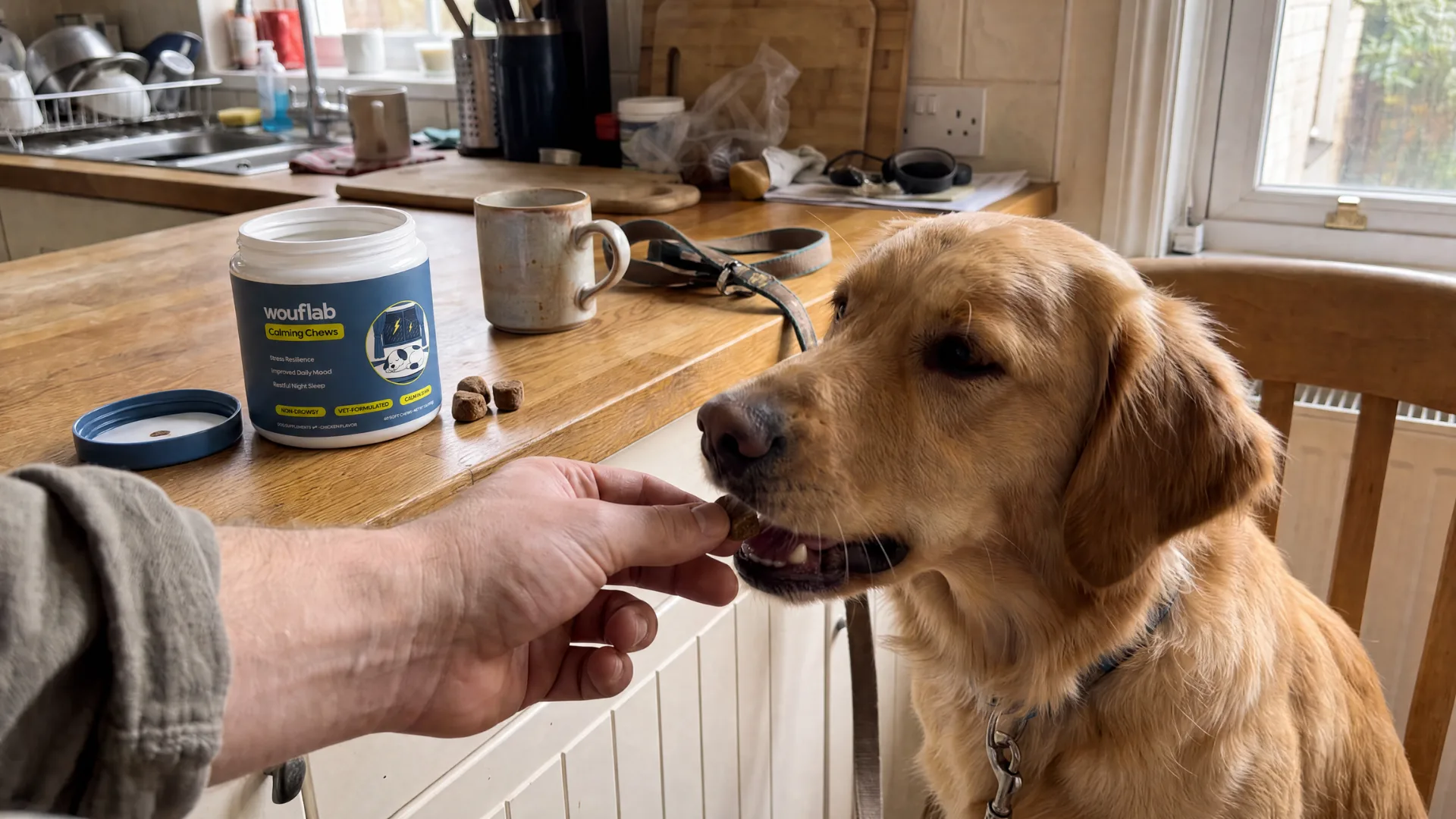 A hand offering a Calm & Comfort soft chew to a happy golden retriever in a real lived-in kitchen, the open jar on the counter beside a mug and the dog's leash