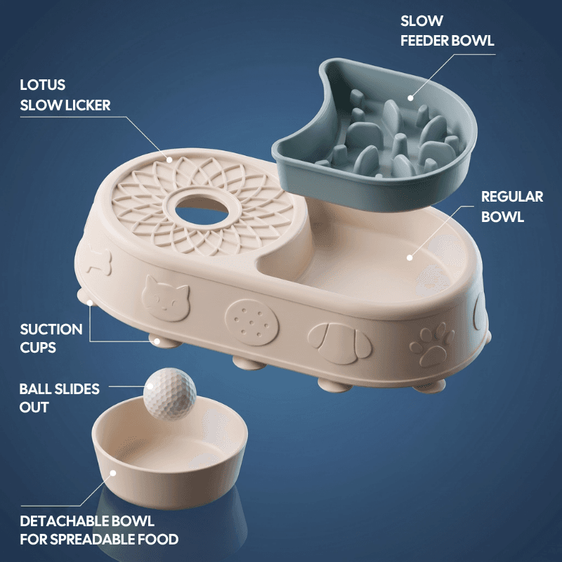 Digestion + Calming Bowl exploded view: slow feeder, lotus slow licker, detachable bowl and suction cups