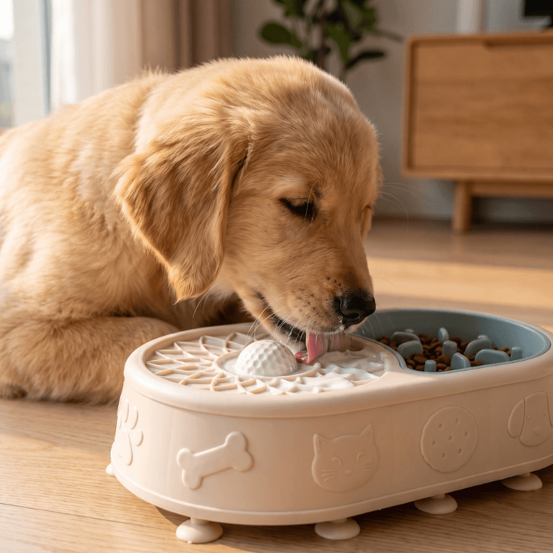 Golden retriever puppy licking the Digestion + Calming Bowl