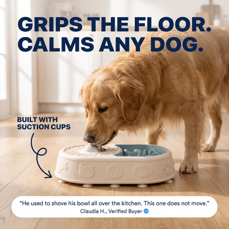 Golden retriever licking the bowl on the floor, held firm by its suction cups