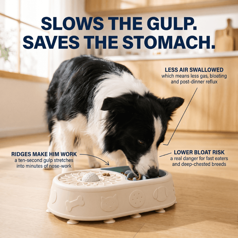 Border collie using the slow-feeder side: ridges slow the gulp, less swallowed air, lower bloat risk