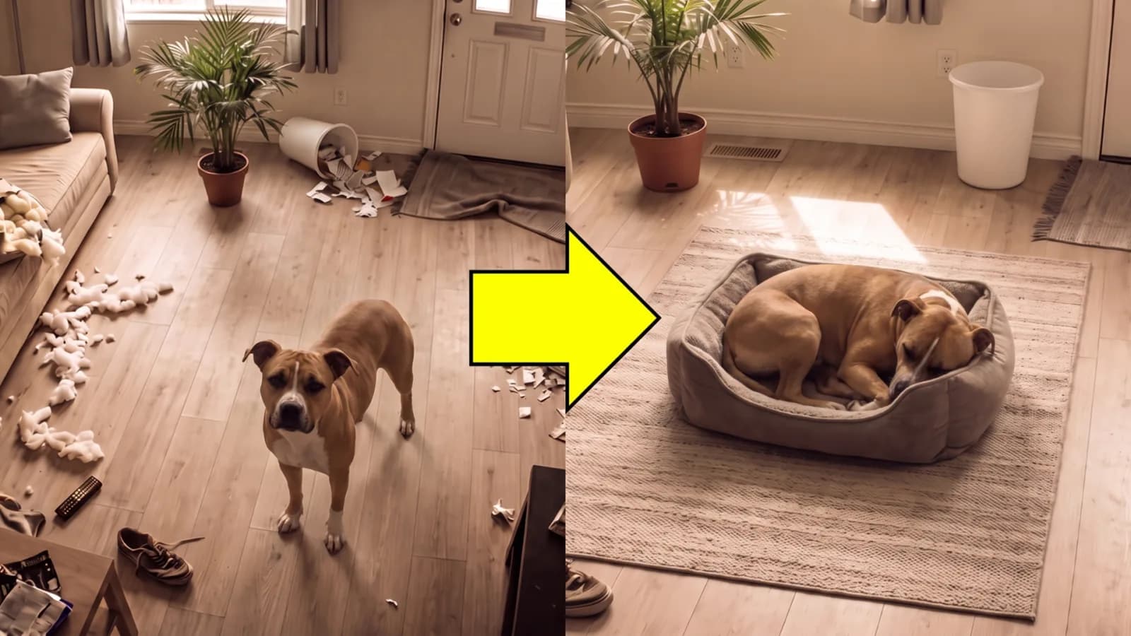 Left, the living room wrecked with the dog stood in the middle of torn stuffing and a tipped bin. Right, the same room two weeks later, clean, with the dog curled up asleep in his bed.