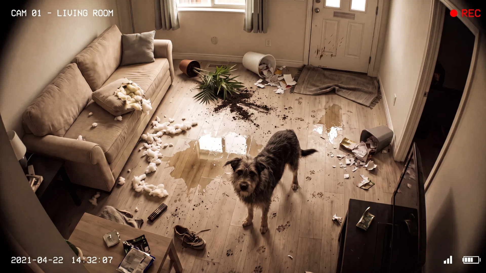 Security-cam view of a living room torn apart, the dog looking at the camera