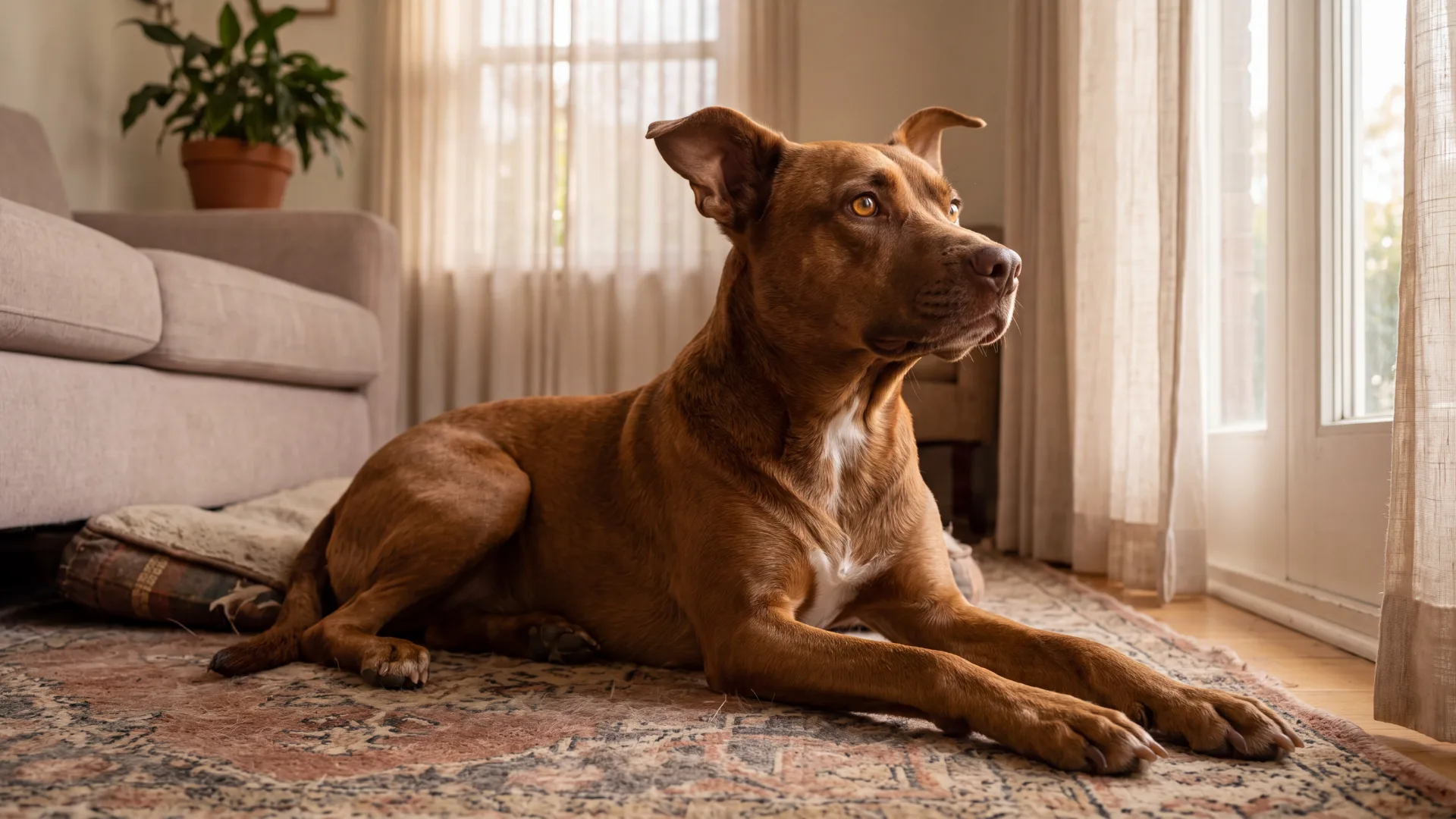 A wound-up dog lying alert and on edge, unable to relax