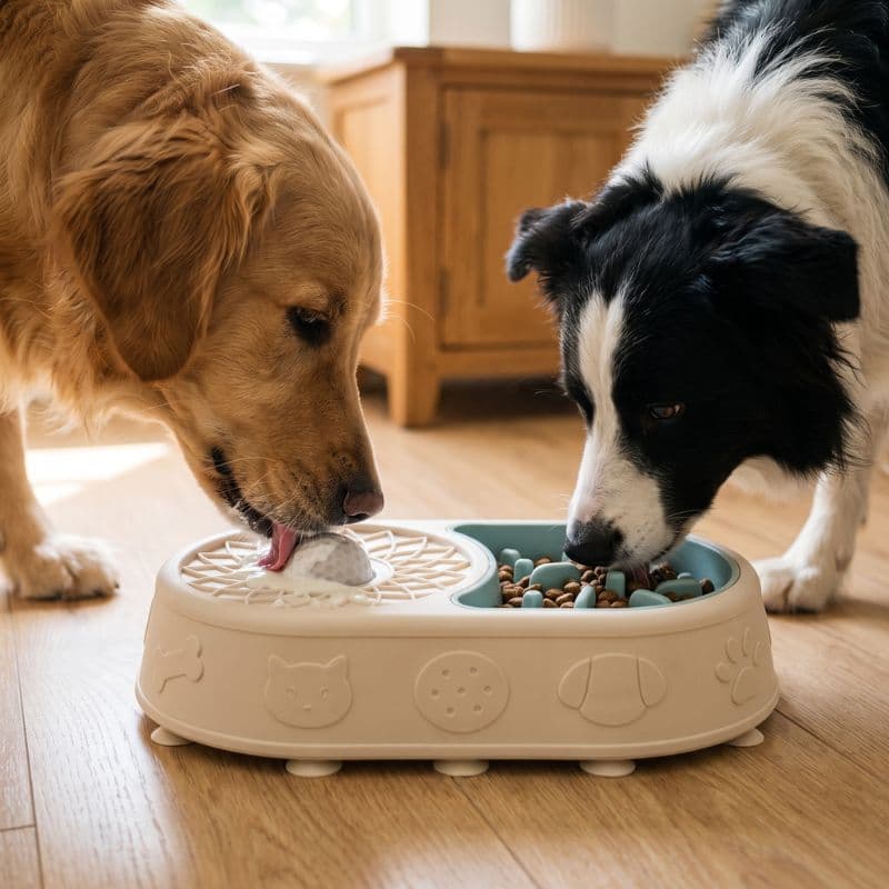 Two dogs eating from the Digestion + Calming Bowl, one at the lick side and one at the slow feeder
