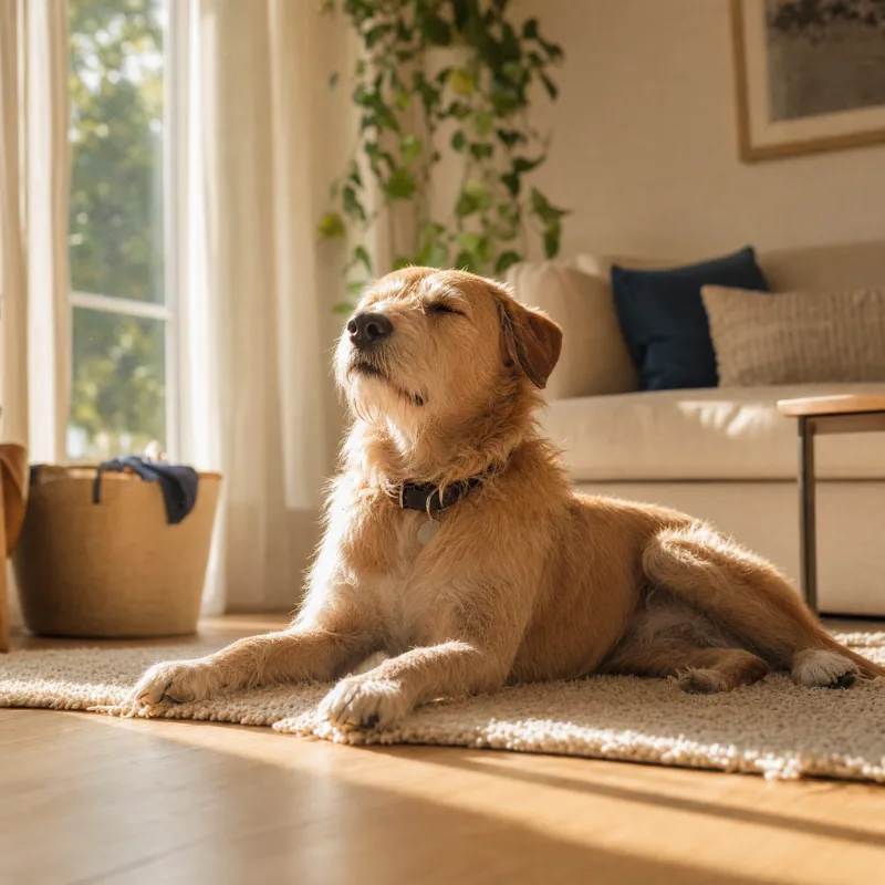 A relaxed, calm dog resting at home