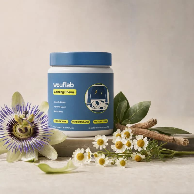 Wouflab Calming Chews jar with its botanical ingredients