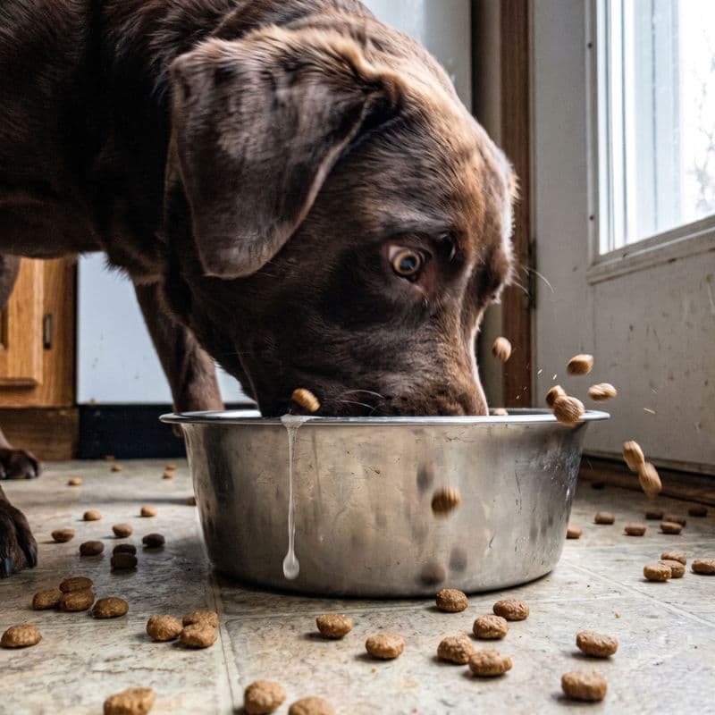 A Labrador inhaling its dinner from a plain bowl in seconds