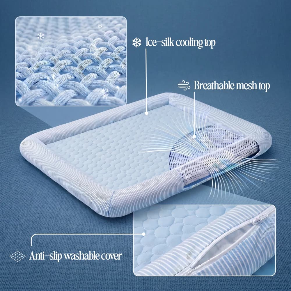 Cooling mat layers labelled: ice-silk cooling top, breathable mesh, anti-slip washable cover