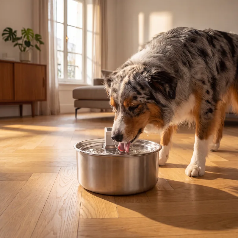 An Australian Shepherd drinking from the Wouflab filtered water fountain in a living room