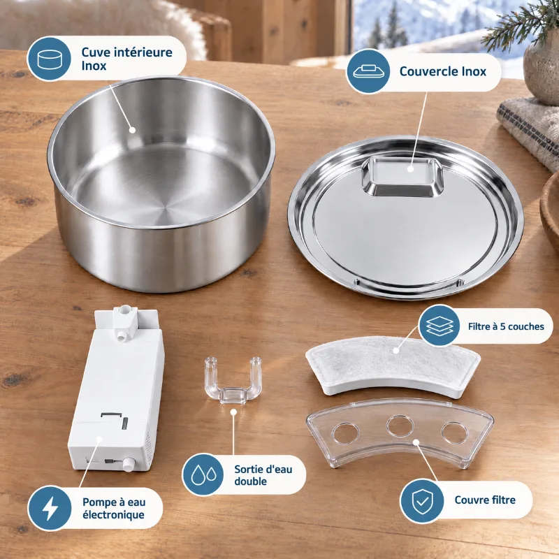 Les pièces de la fontaine posées sur une table: la cuve inox, le couvercle inox, la pompe électronique, la sortie d'eau double, le filtre à 5 couches et son couvre-filtre