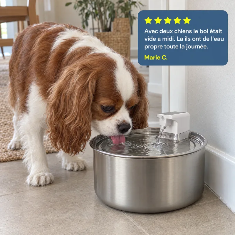 Un cavalier king charles qui boit à la fontaine, avec l'avis de Marie C. et ses cinq étoiles