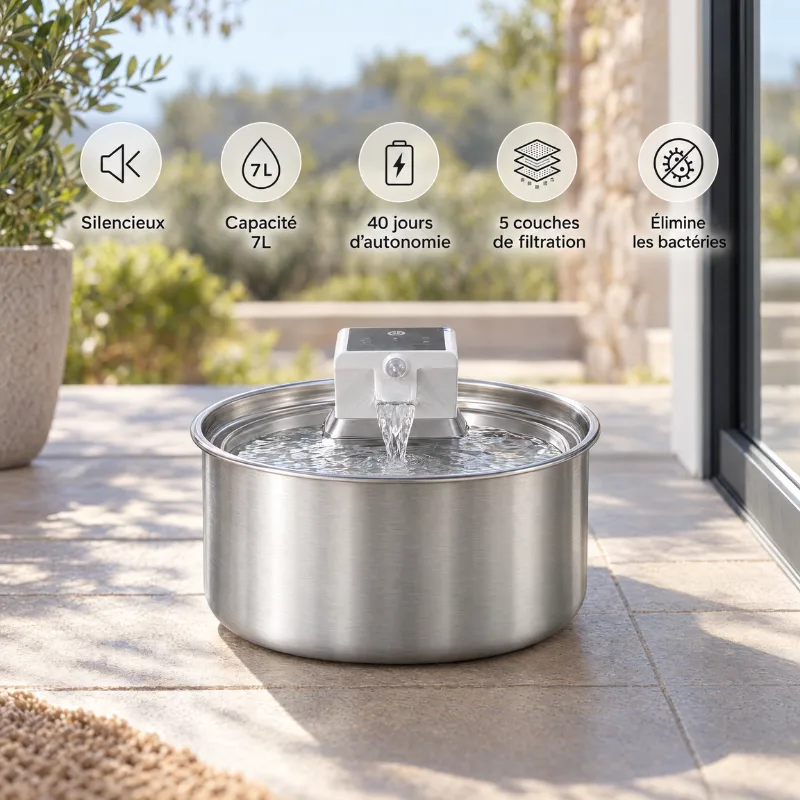 La fontaine sur une terrasse, avec ses cinq points clés: silencieuse, 7 L, 40 jours d'autonomie, filtre 5 couches, élimine les bactéries