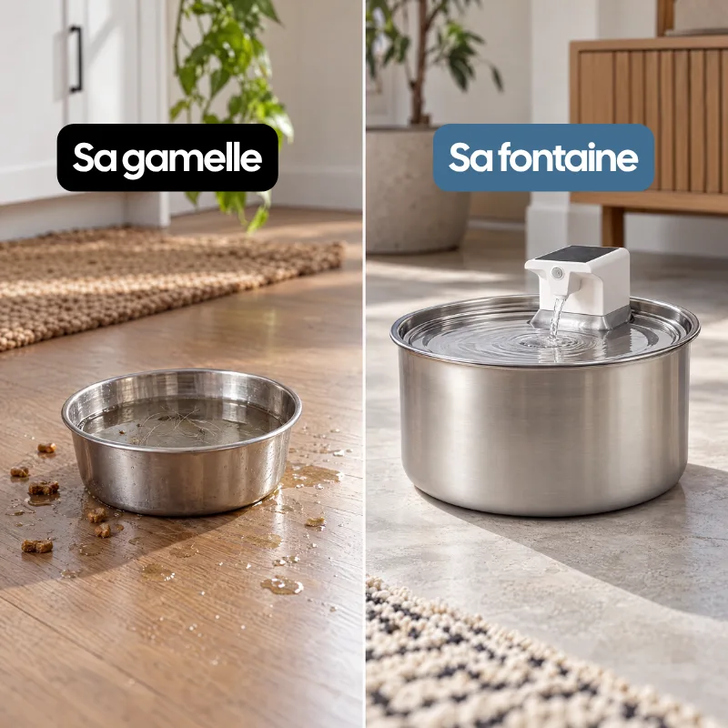 À gauche un bol classique avec de l'eau stagnante et des miettes par terre, à droite la fontaine avec son eau qui coule