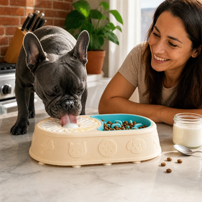 Une femme tranquille pendant que son bouledogue français lèche son yaourt