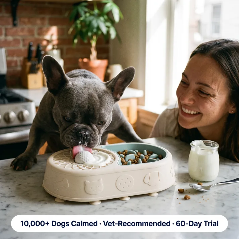 Woman relaxing as her French bulldog licks yoghurt calm