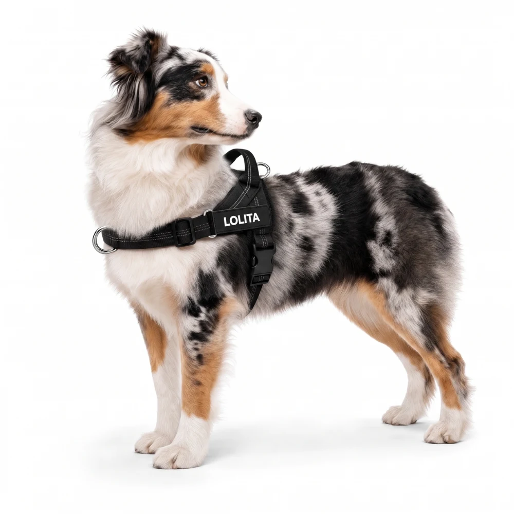 Un berger australien bleu merle debout dans le harnais noir avec l’anneau avant, et LOLITA brodé sur le patch