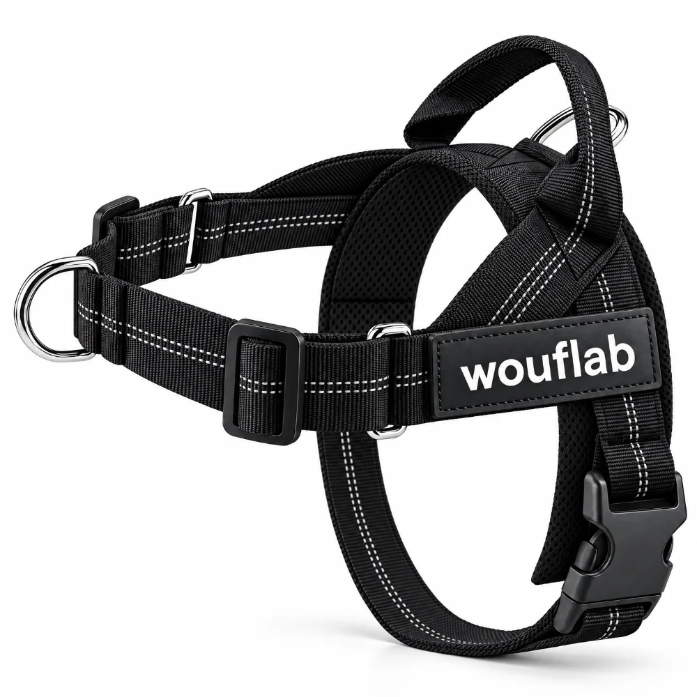 Le harnais anti-traction en noir, vu de face avec le patch personnalisé et la poignée rembourrée du dos