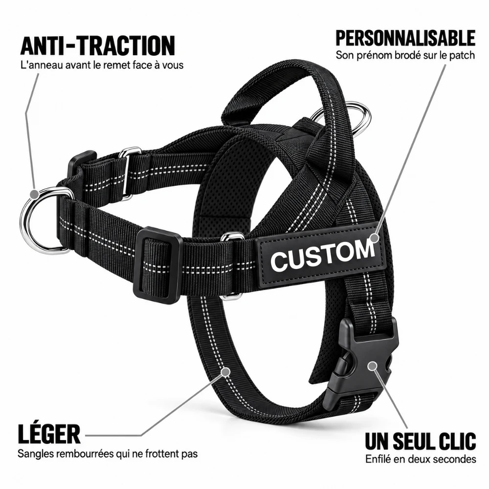 Le harnais noir avec quatre points expliqués : l’anneau avant anti-traction, le patch personnalisable, la boucle un seul clic et les sangles rembourrées