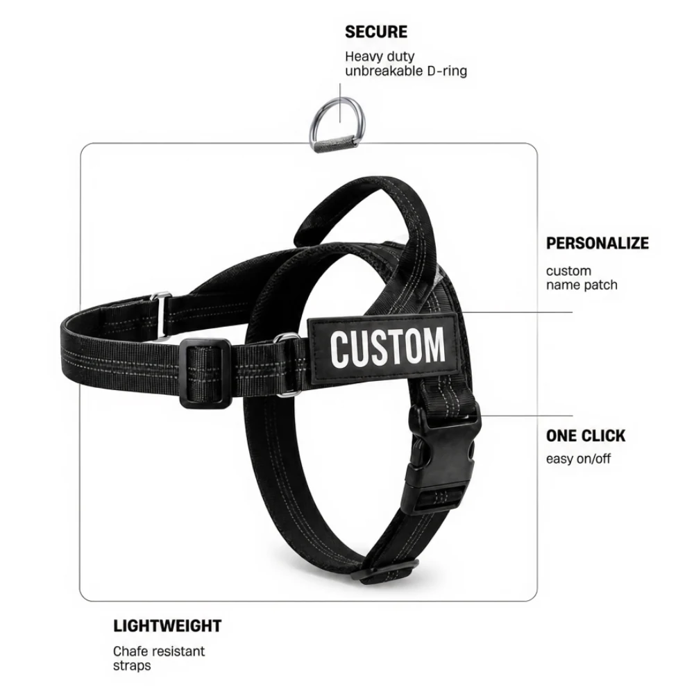 The harness laid flat with four parts called out, the steel D-ring, the custom name patch, the one click side buckle and the chafe resistant straps