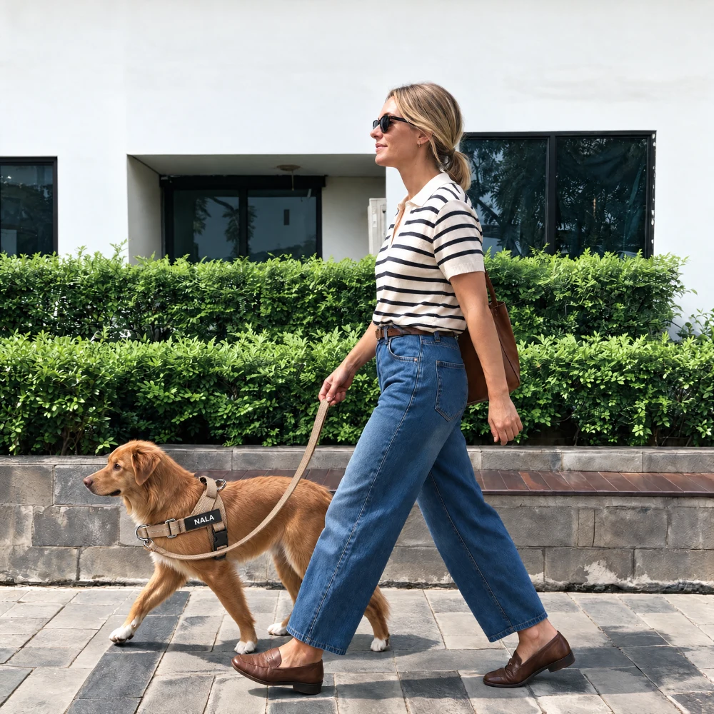 Une femme promène un chien roux dans le harnais beige sur un trottoir en ville, la laisse beige clipsée sur l’anneau avant et NALA brodé sur le patch